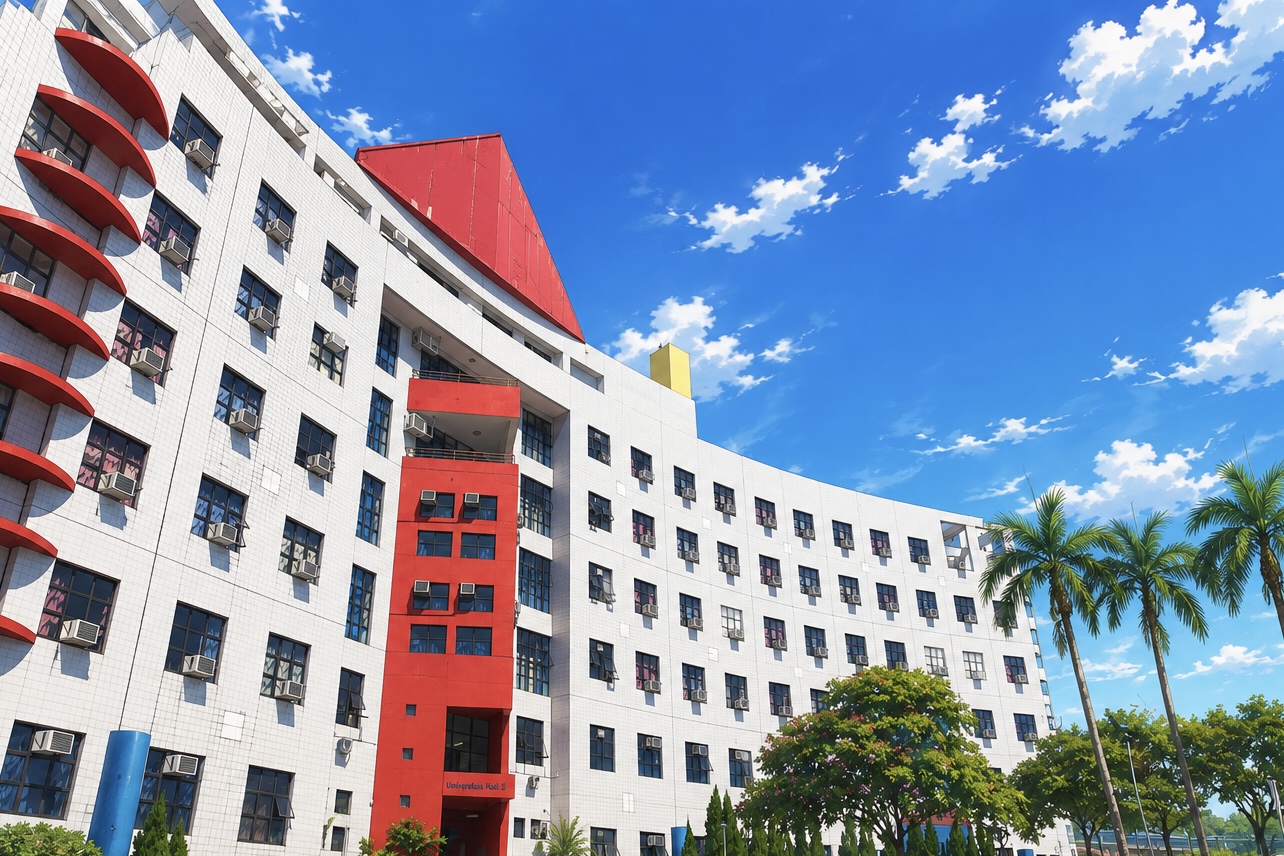 HKUST Undergraduate Hall III with its curved facade, red rooftop, and palm trees